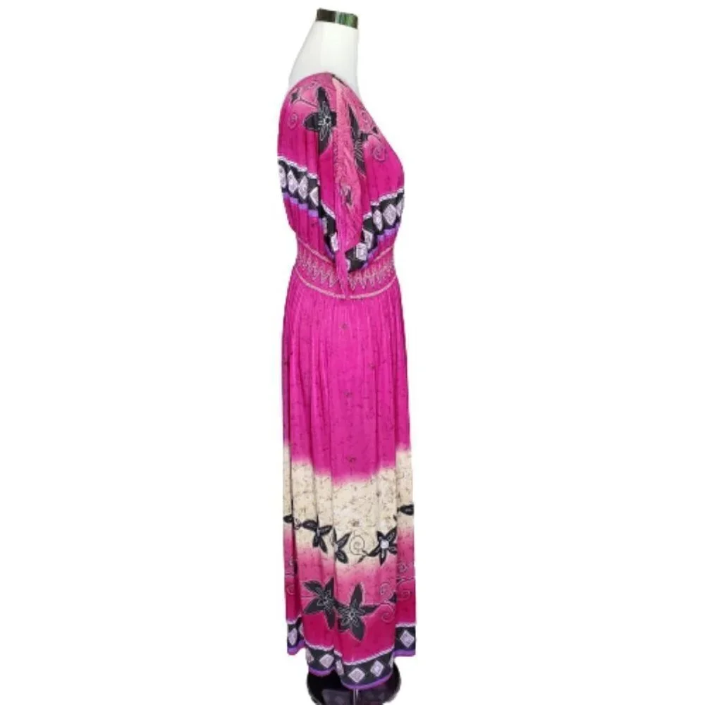 jessica Taylor Pink Floral Pullover V-Neck Back Smocked Waist Midi Dress Large - Picture 5 of 7